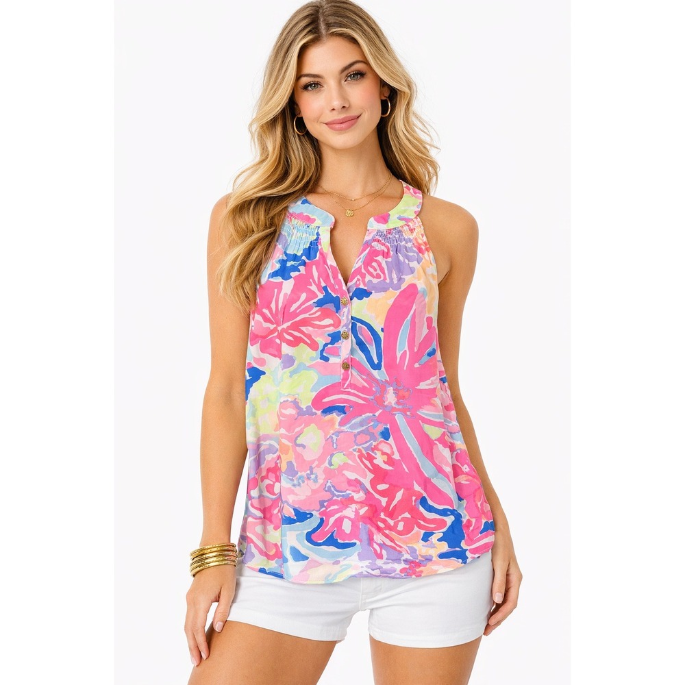 Lilly Pulitzer Pink Multi Playa Hermosa Floral Bailey Silk Top Sleeveless Size S